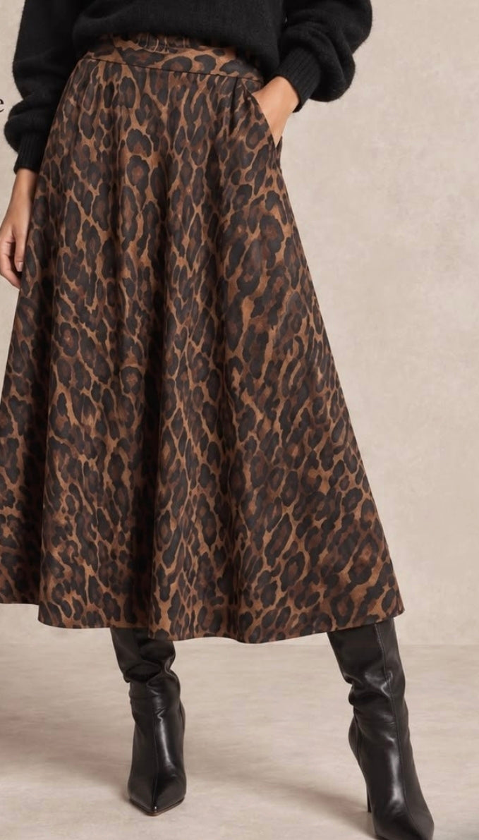 Leopard Print Full Midi Skirt