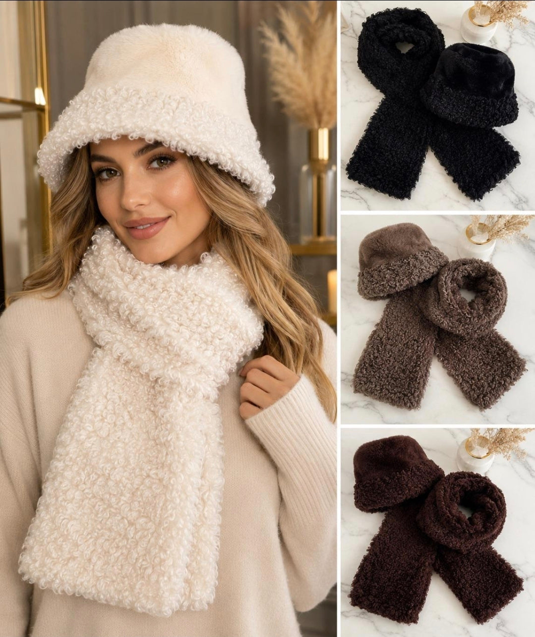 Faux Fur Bucket Hat & Scarf Set