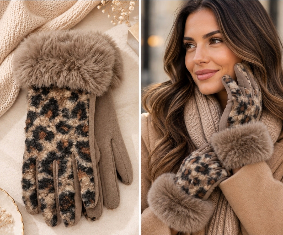 Leopard Print Faux Fur Cuff Gloves