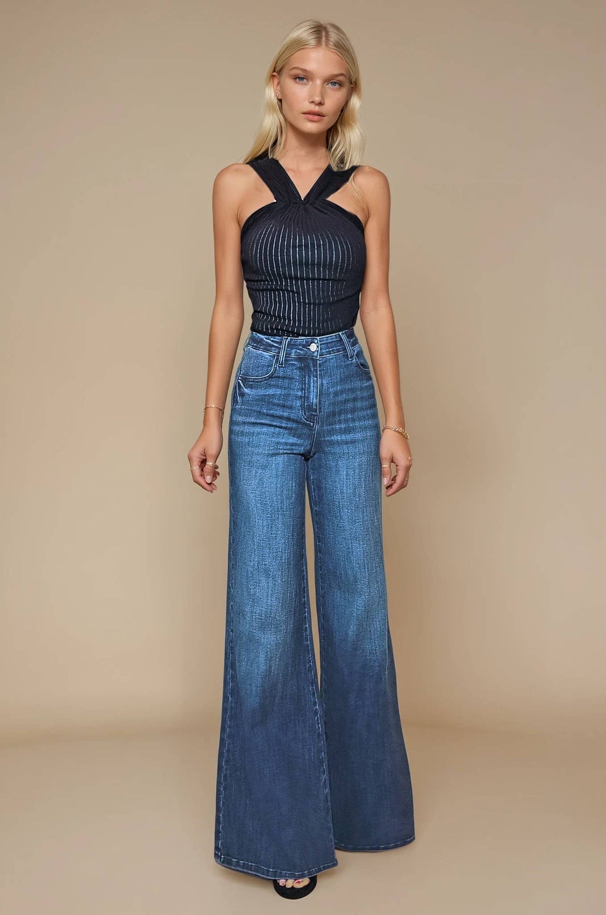 Two Tone Washed Wide Leg Jeans