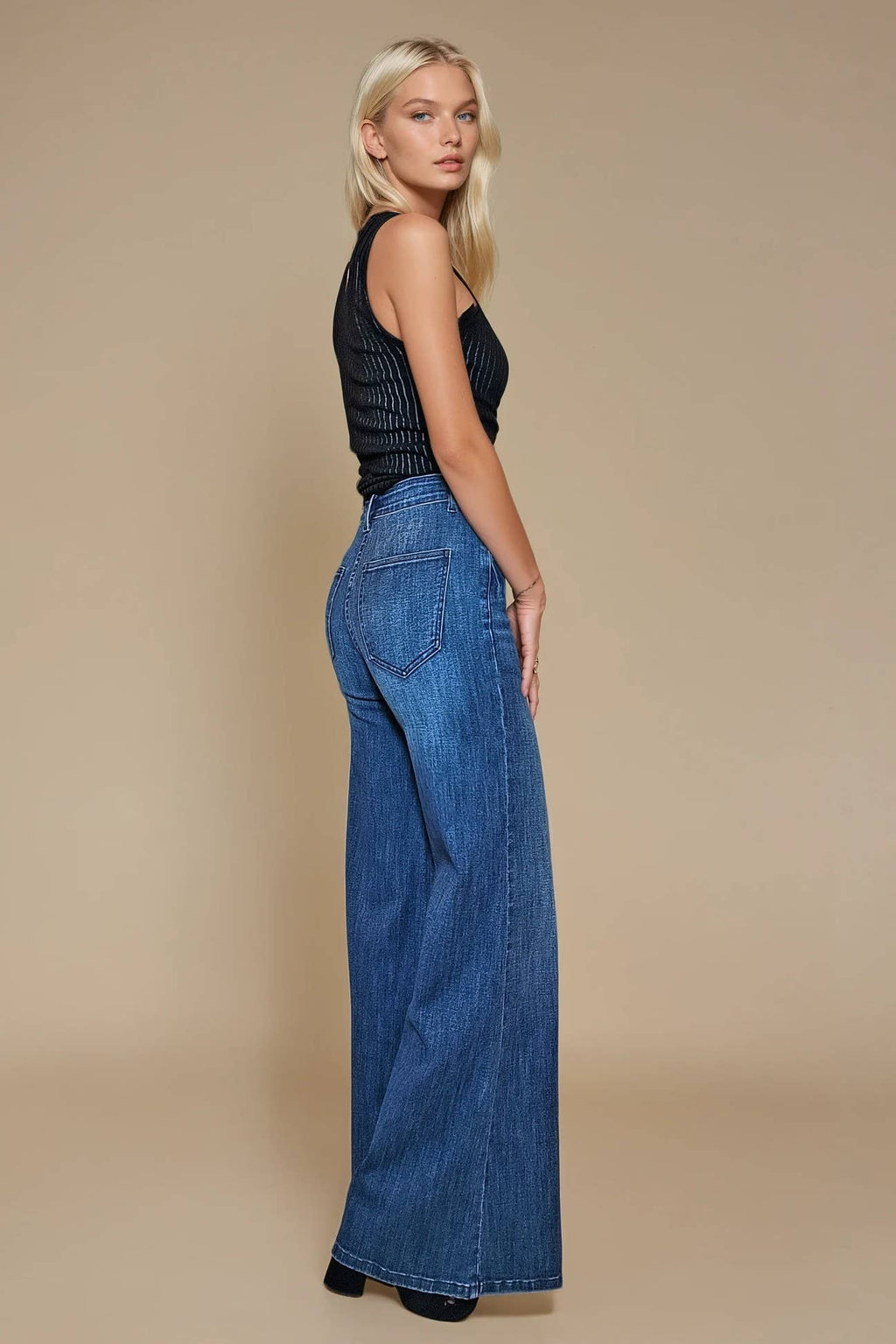 Two Tone Washed Wide Leg Jeans