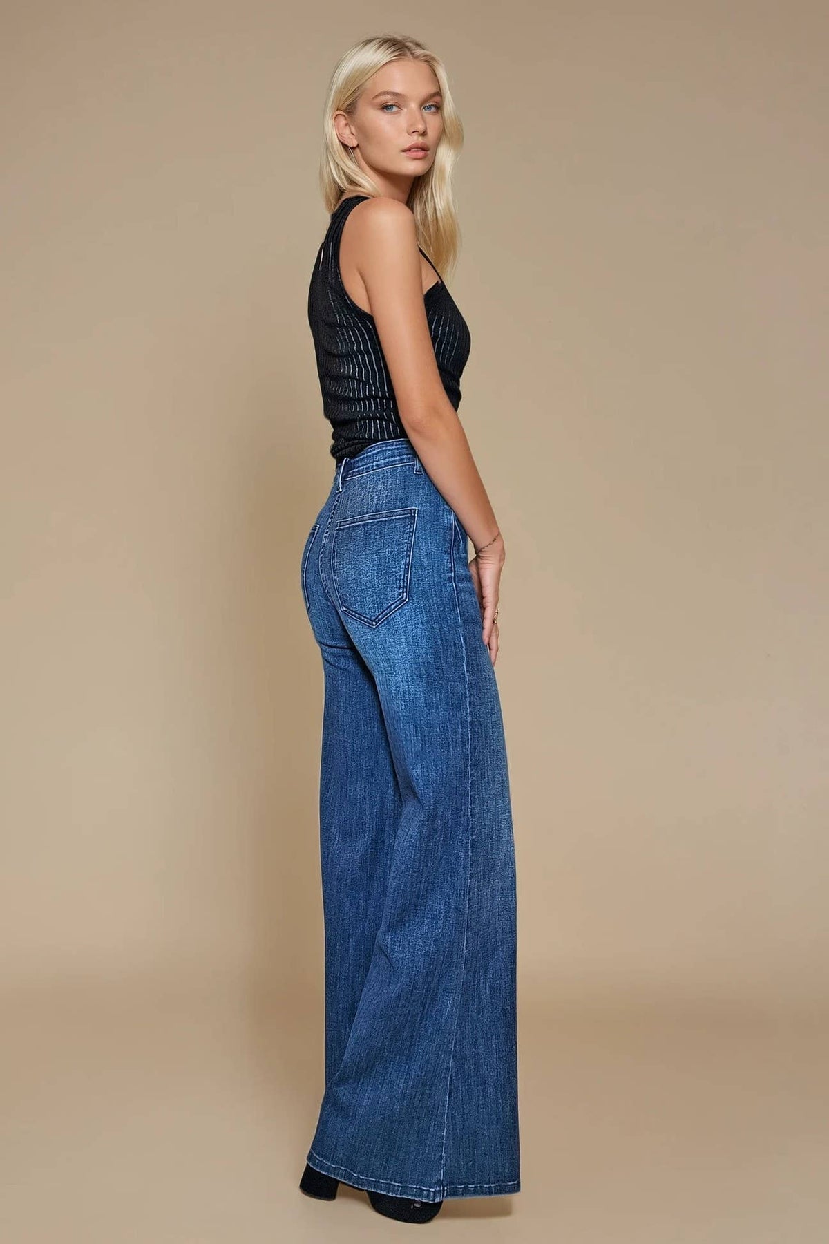 Two Tone Washed Wide Leg Jeans