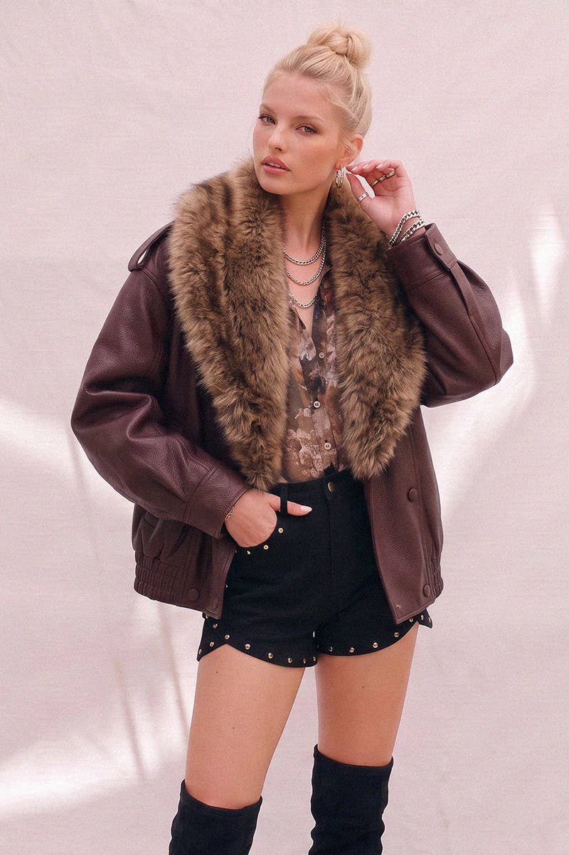 Oversized Faux Leather Bomber Jacket